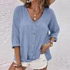 Women's Fashion Casual Solid Color V-Neck Chest Button Seven Sleeve T-Shirt Top