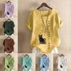 Women's Fashion Round Neck Short Sleeve T-shirt Casual Cotton Linen Graphic Shirt Leisure Loose Black Cat Prined Sumer Blouse Tops