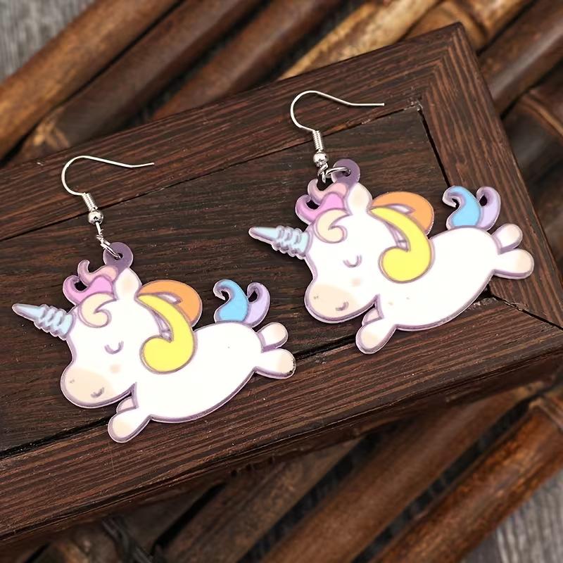 Cross-border unicorn earrings creative Year of the Horse trend versatile 2D flat acrylic cute color pony earrings