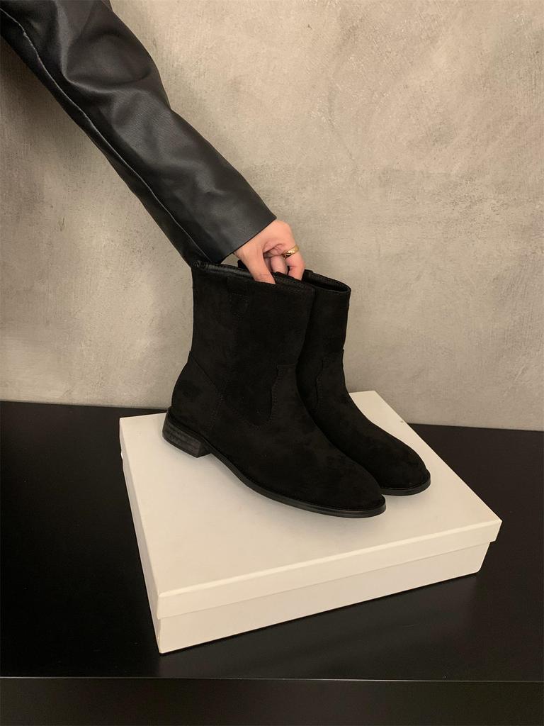 Корейская версия ретро замшевые круглый носок толстый каблук маленькие короткие ботинки женские 2025 весна, осень и зима универсальные ботильоны пустошь ветер