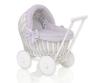 White wicker pushchair for dolls with gray bedding and soft lining