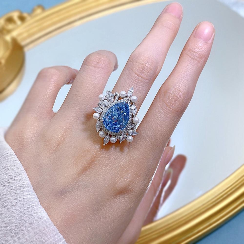 Fashion 18K White Gold 11*15MM Aquamarine Sapphire Faceted Gemstone Ring Engagement 925 Sterling Silver Fine Jewelry
