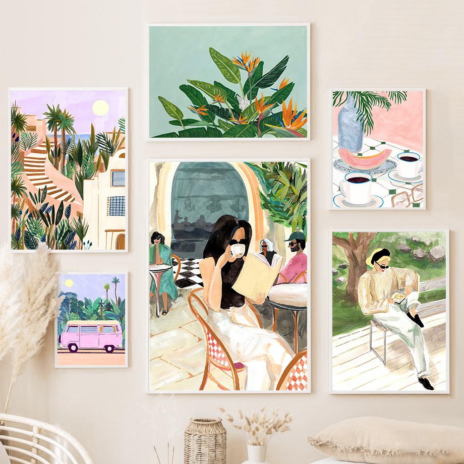 Путешествия Пейзаж Настенное Искусство Кофе Женщина Чтение Бассейн Лист Холст Картина ПостерыПечать Картины Для Гостиной Интерьер Комнаты Декор