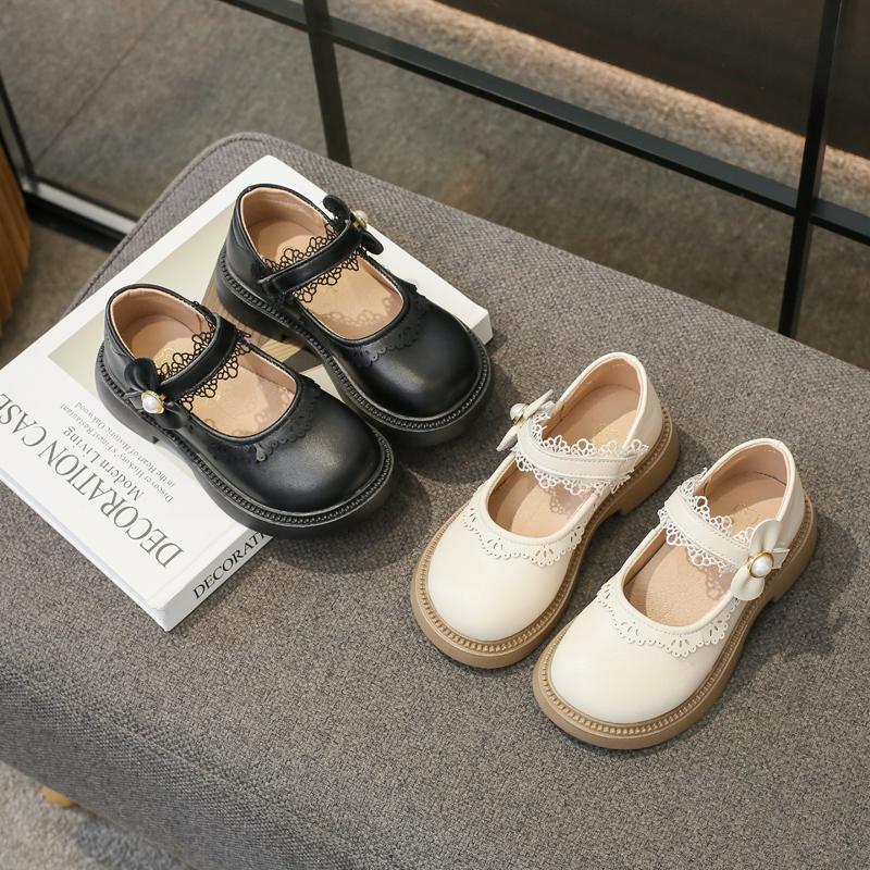 Детская кожаная обувь Весна и Осень Девочки Британский стиль Черный Осень Новые Кружева Жемчуг Липучка Детская Мода Повседневная Обувь