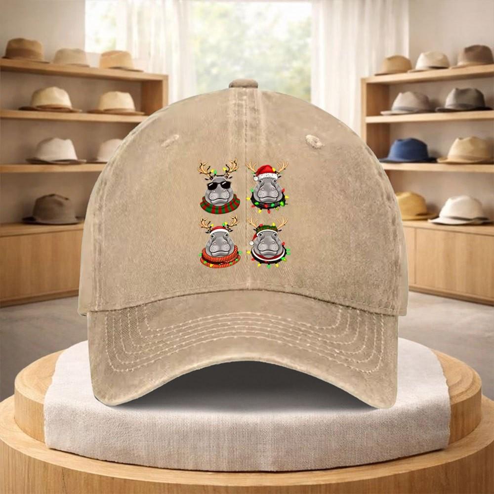 Hippo Reindeer Christmas Light Print Washed Denim Baseball Cap Adjustable Streetwear Hat