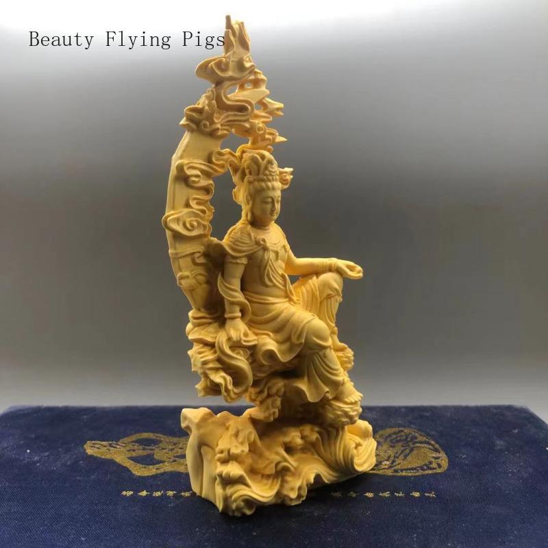 7.3X4.8X16.5CM Креативный скальный кипарис в китайском стиле, самшит, изящно вырезанные украшения Гуаньинь, домашние подношения, статуи, изделия ручной работы