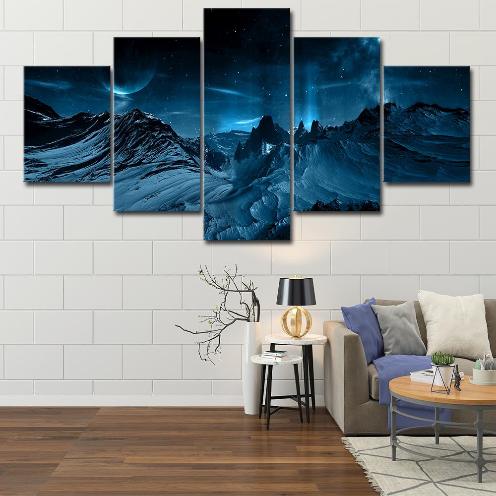 Canvas Painting Wall Art Home Decor 5 Pieces Blue Aurora Borealis Snow Mountain Modern HD Printed Night Scene Pictures