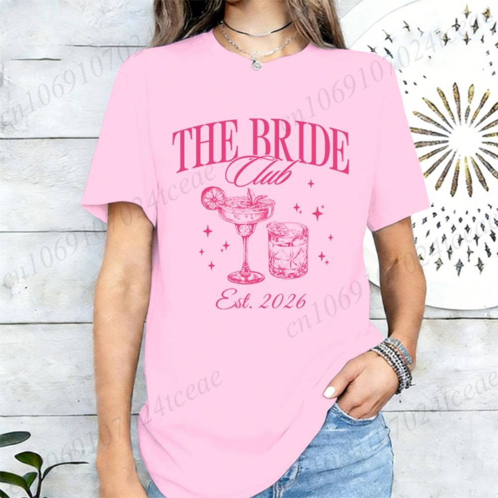 Women's "The Bride Club" Graphic Tee White Black with Pink Lettering Wine Glass Design T-Shirts Perfect for Summer Wedding Gifts