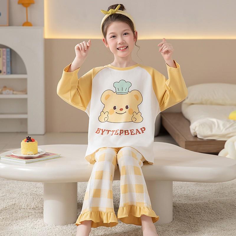 100% Cotton Long Sleeve Pajama Set Girls Cartoon Print Round Neck Comfortable Sleepwear Home Outfit