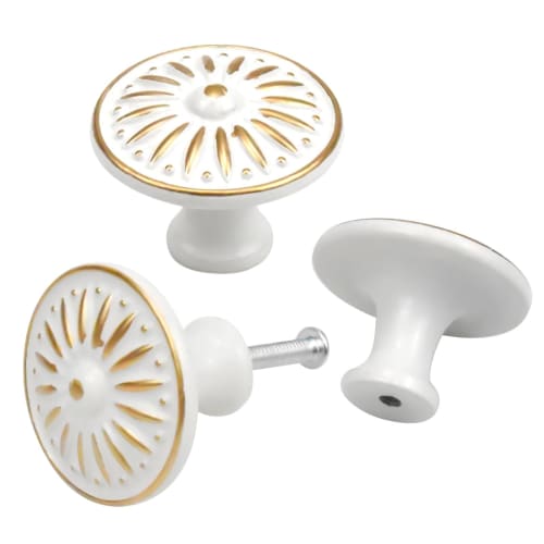 Set of 10 Antique White Drawer Knobs, Round Door Handles with Screws, Retro Floral Pattern, Approx. 35mm Diameter, for Kitchen, Room, Interior Doors,