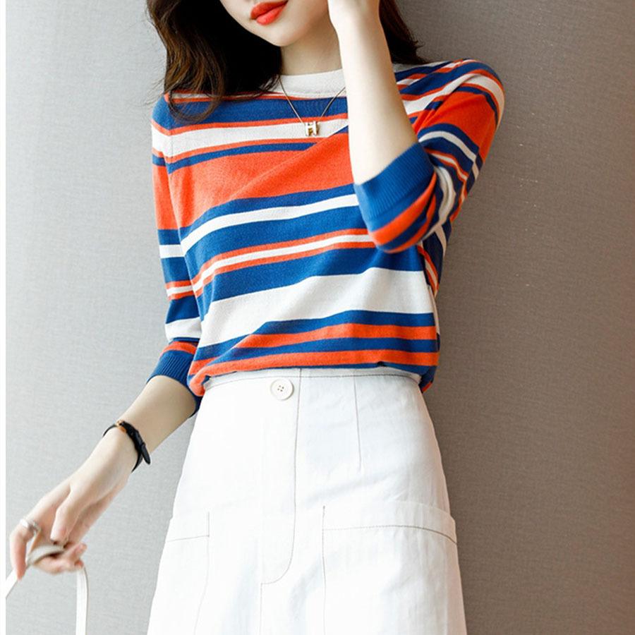 Весенний женский модный трикотаж с круглым вырезом в полоску, мягкий, приятный для кожи, модный топ