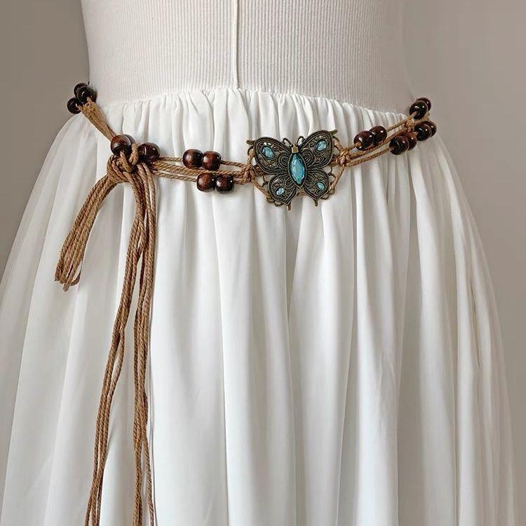 National Style Butterfly Women Belt Aesthetic Waist Chain Hemp Rope Braided Big Beads Dress Plait Belt Casual Thin Belt for Dress