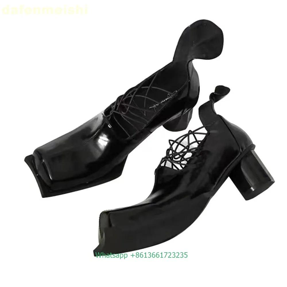 Туфли-лодочки странного стиля с квадратным носком и круглым каблуком 2025 Весна Новые на платформе Ретро Сандалии на толстом каблуке Красный каблук Шнуровка Женские