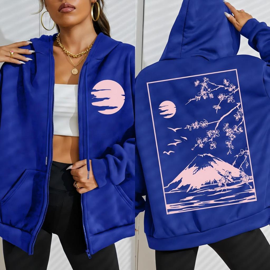 Токио Сакура Гора Фудзи Шаблон Визитки Женское Худи на Молнии Хип-Хоп Свободное Худи Мягкая Повседневная Одежда Флисовые Толстовки