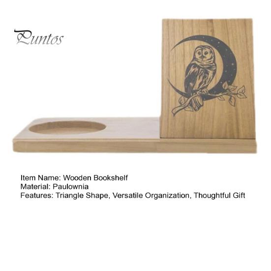 Wooden Bookshelf Organizer with Phone Holder Natural Wood Triangle Book Stand Desk Valet with Cup Holder Picture Frame