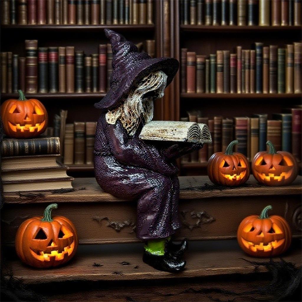 Halloween Witch Reading Book Resin Statue Ornaments, Handicraft Home Decoration Desktop Ornaments Gift