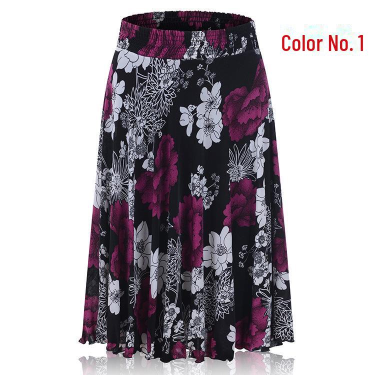 Women's Summer Floral Ice Silk Pleated Skirt - Mid-Length with Elastic Waist
