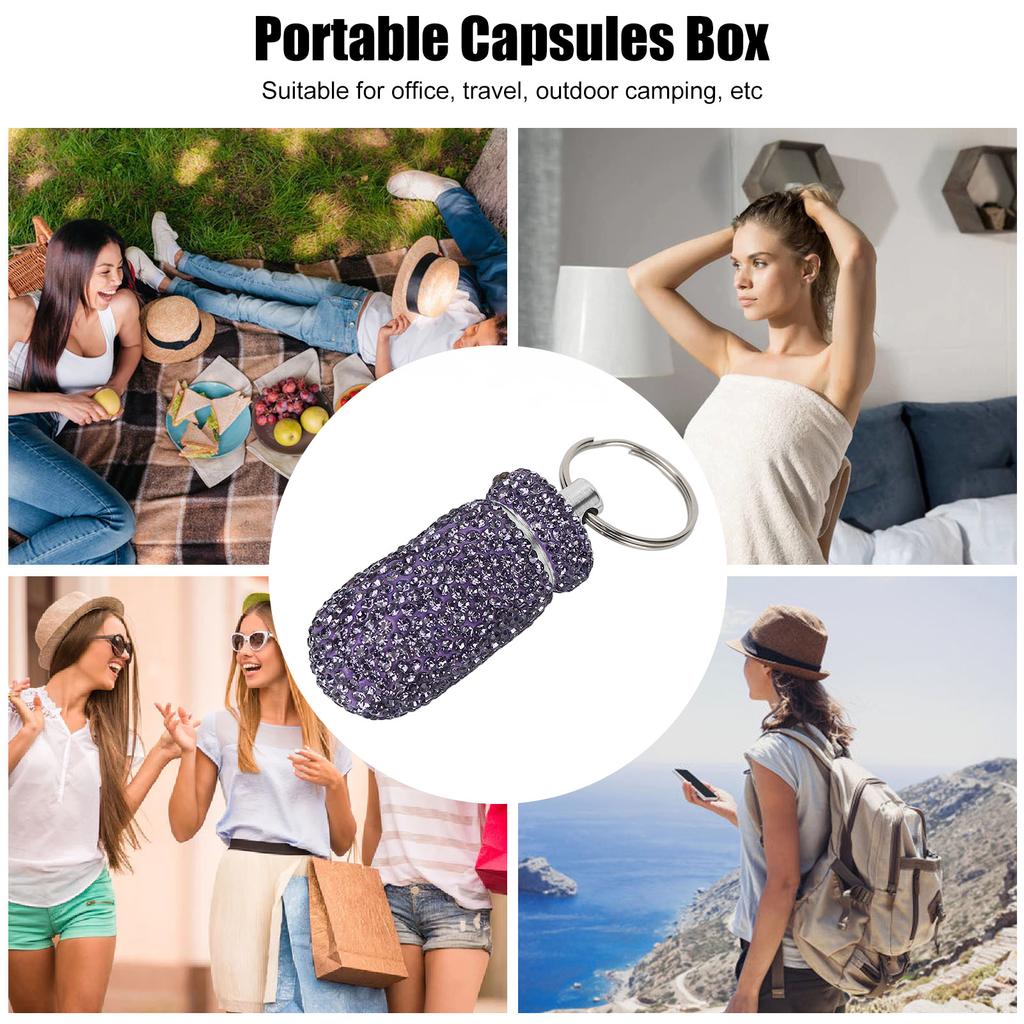 Фиолетовый контейнер для хранения капсул со стразами с брелоком, из алюминиевого сплава, портативная коробка для лекарств