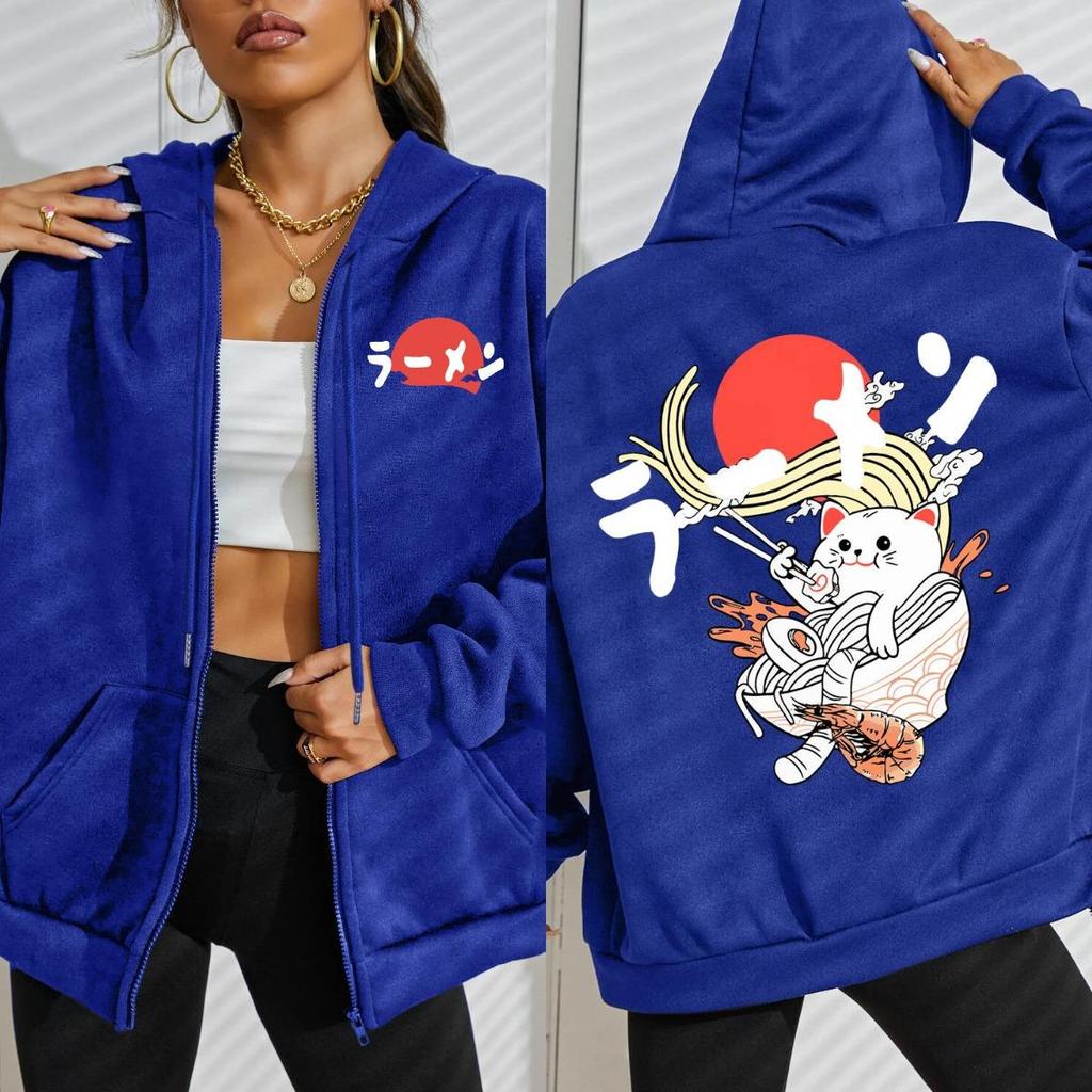 Японский Вкусный Лапша Кошка Принты Толстовка на молнии Женская Уличная Флисовая Худи Модная Спортивная одежда Осень Свободная Спортивная одежда