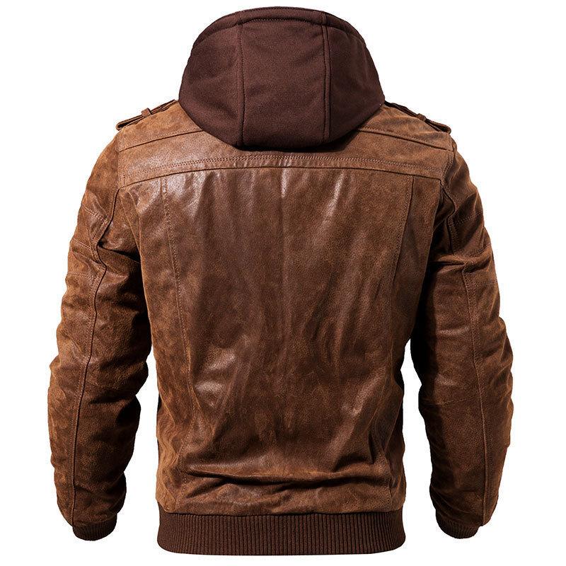 Men's Fall/Winter Double-Decker Trend Locomotive Casual Leather Jacket Hooded Coat Large Size