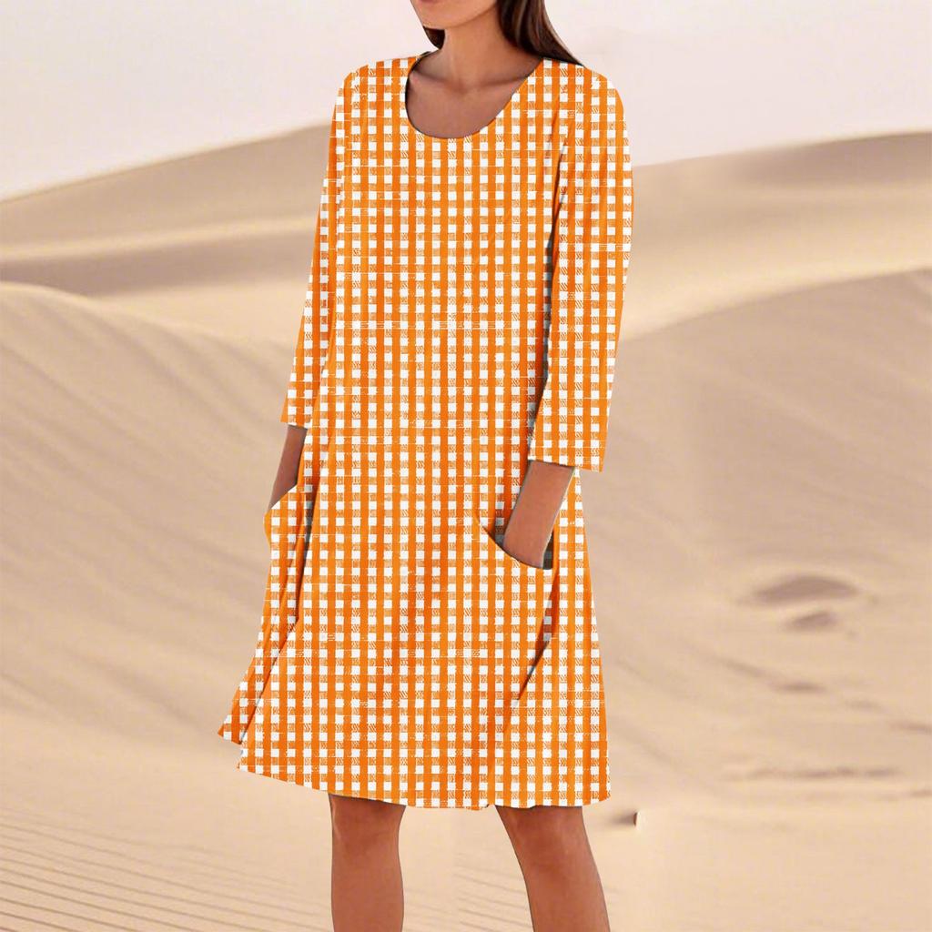 Женское однотонное модное свободное повседневное платье с рукавом три четверти Женское модное свободное повседневное платье с принтом в горошек и рукавом три четверти