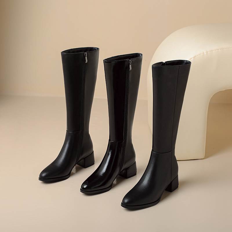 Krazing Pot Осенне-зимняя обувь из коровьей кожи, сапоги для верховой езды, круглый носок, сохраняющие тепло, на молнии, черного цвета, на толстом высоком каблуке, высокие сапоги до бедра