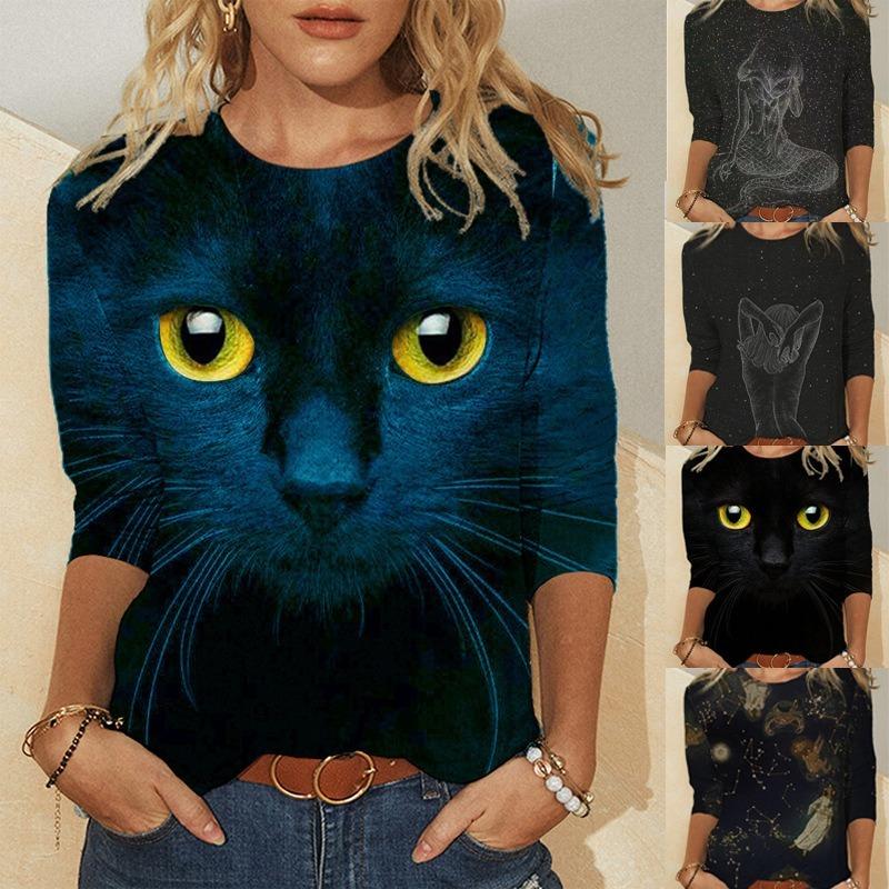 Round Neck Printed Long Sleeved Fashion Casual Top T-shirt for Women Shirt