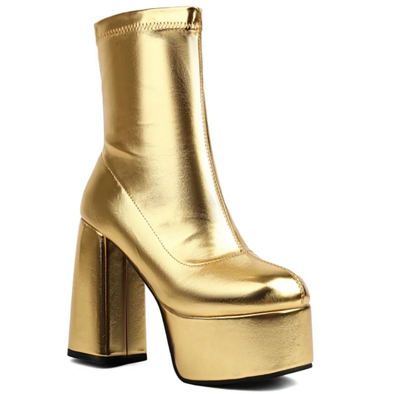 Платформенные ботильоны для женщин черные золотые серебристые короткие ботинки на высоком каблуке на молнии для вечеринок танцев женские большого размера 45 новые 2025 зима