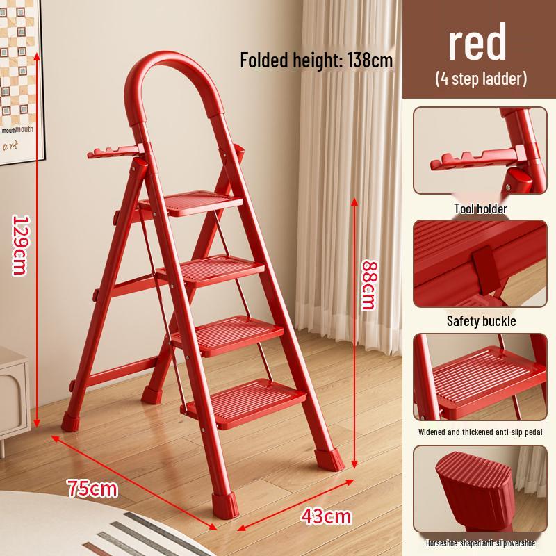 Red Festive Folding Telescopic A-Frame Ladder Stool: Indoor & Outdoor Use