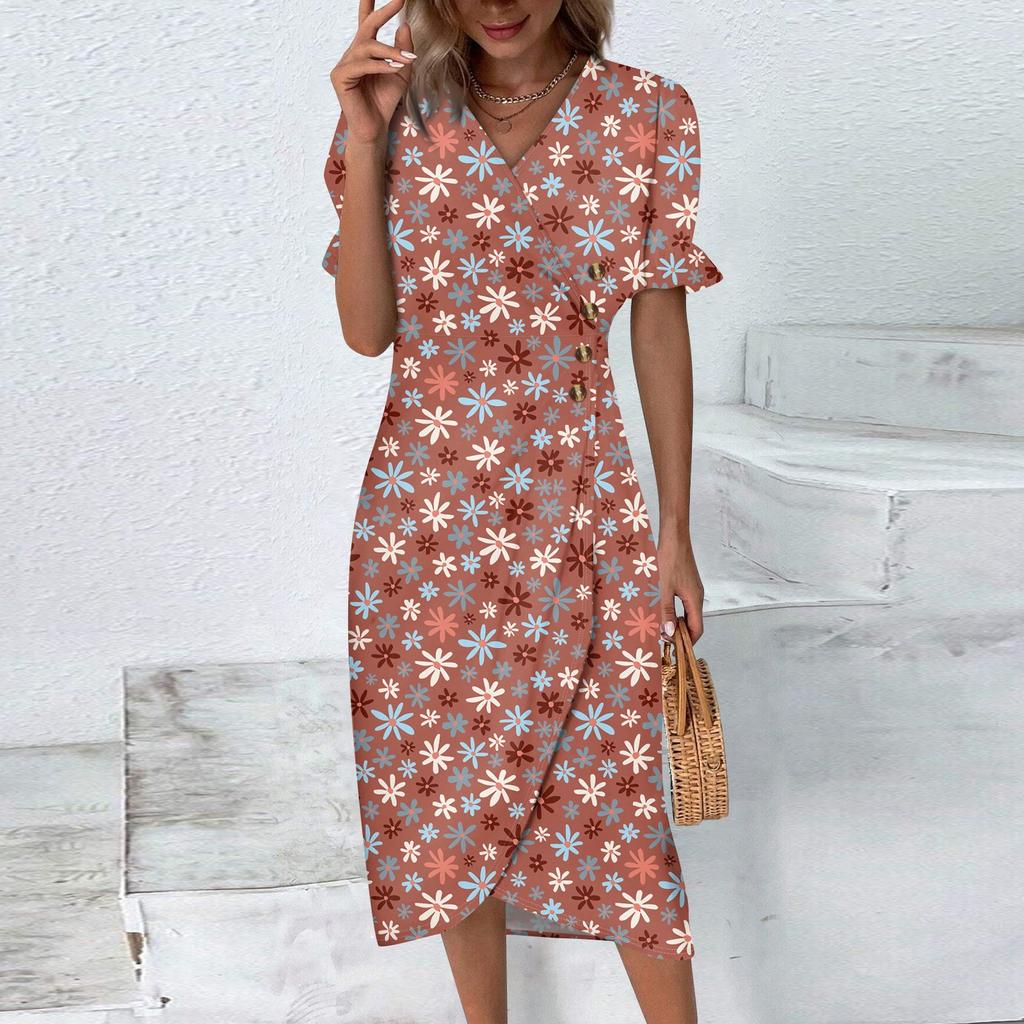 Women's Summer Casual Dress V Neck A-line Boho Ditsy Floral Flounce Sleeve Wrap Hem Dress