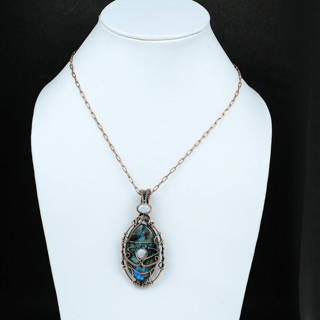 Подвеска из меди с лабрадоритом от сглаза, подвеска из медной проволоки, подвеска из драгоценного камня, дизайнерское ювелирное изделие из меди, подарок для нее, подвеска из лунного камня