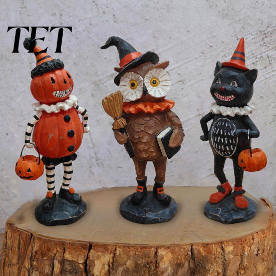 Holiday Fireplace Mantel Decor Wooden Halloween Resin Figurines, Pumpkin Scarecrow Wizard Owl Black Cat Atmospheric Festival Ornaments Statue, Rustic