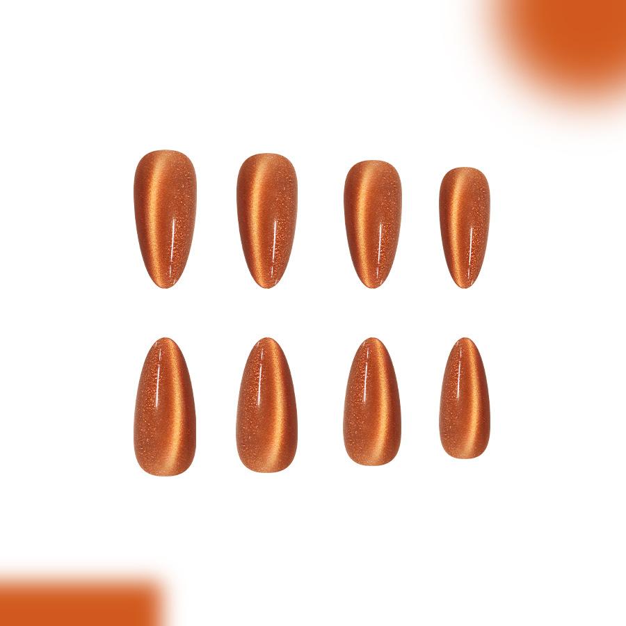 24pcs Autumn Orange Cat Eye Press on Nails Shiny Pure Color Almond Fake Nails Women Wearable Ins Simple Fashion False Nails