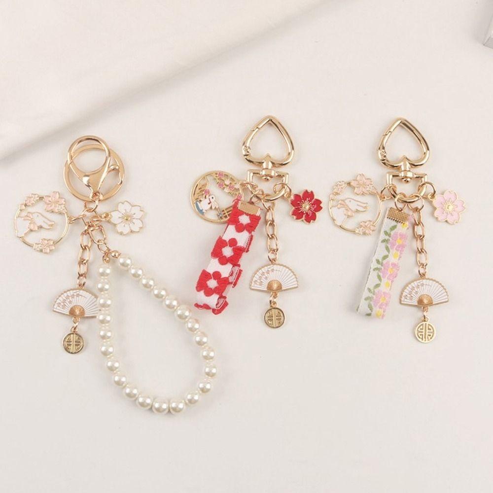 Sakura Fan Cartoon Rabbit Keychain Floral Zinc Zinc Alloy Keyring Women Backpack Decor Korean Style Pendant