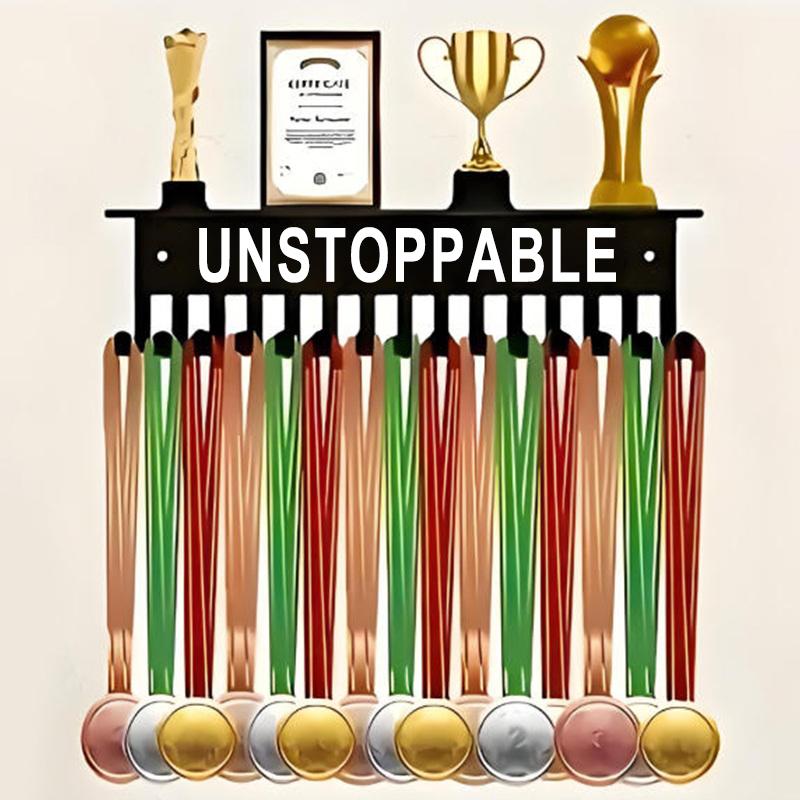 Medals & Trophy Display Stand Wall-Mounted Metal Key Hooks "Unstoppable" Design Inspirational Sports Wall Decor