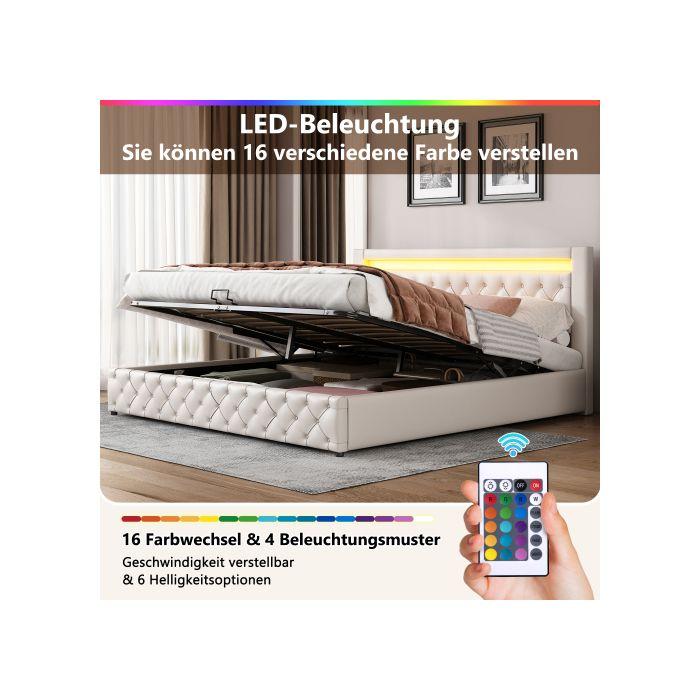 Lit - MUVOE - 180 x 200 cm - Rembourré - Espace de rangement - Éclairage LED