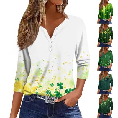 Жен. Футболка Футболка С принтом Пуговицы Рукав 3/4 Повседневные Выходные Мода Классический V-образный вырез Обычный Топ