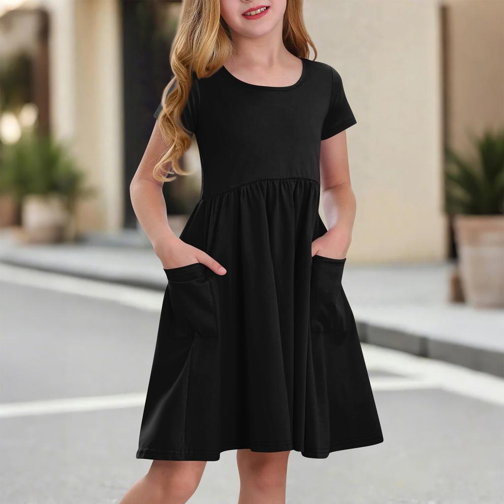 Children's Skirt Round Neck Short Sleeve Princess Dress Fashion Casual Pocket Dress For Girls