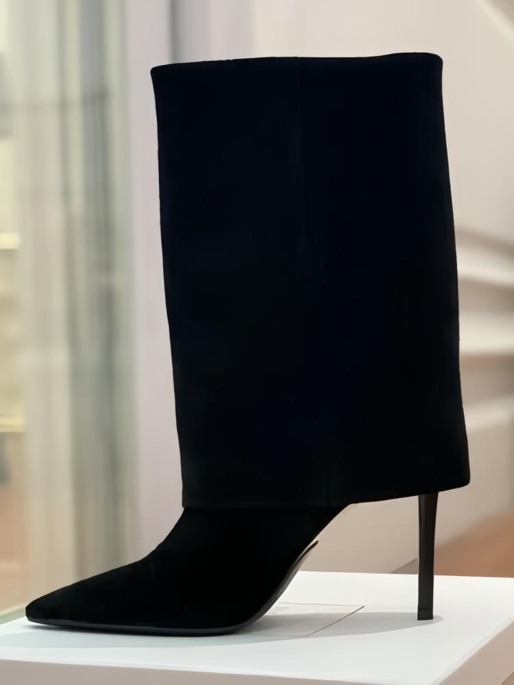 Полусапоги из замши до середины икры EU/US - Остроносые на шпильке Однотонные сапоги поверх брюк для женщин Офисный шик Зимняя обувь