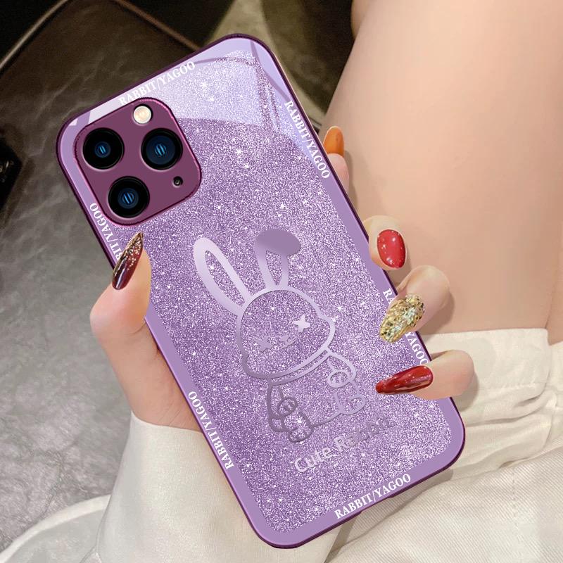 Звездное Небо Кролик Роза Фиолетовый Для IPhone 16 Pro Max 15 Pro 14 13 12 Mini 11 XS Max XR 7 8 Plus SE 2022 Закаленное Стекло Чехол для Телефона