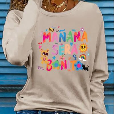 Топы для женщин Мультяшный принт с комбинацией букв Круглый вырез Длинный рукав Футболка Осенний Повседневный Приталенный Пуловер Женский Топ с длинным рукавом