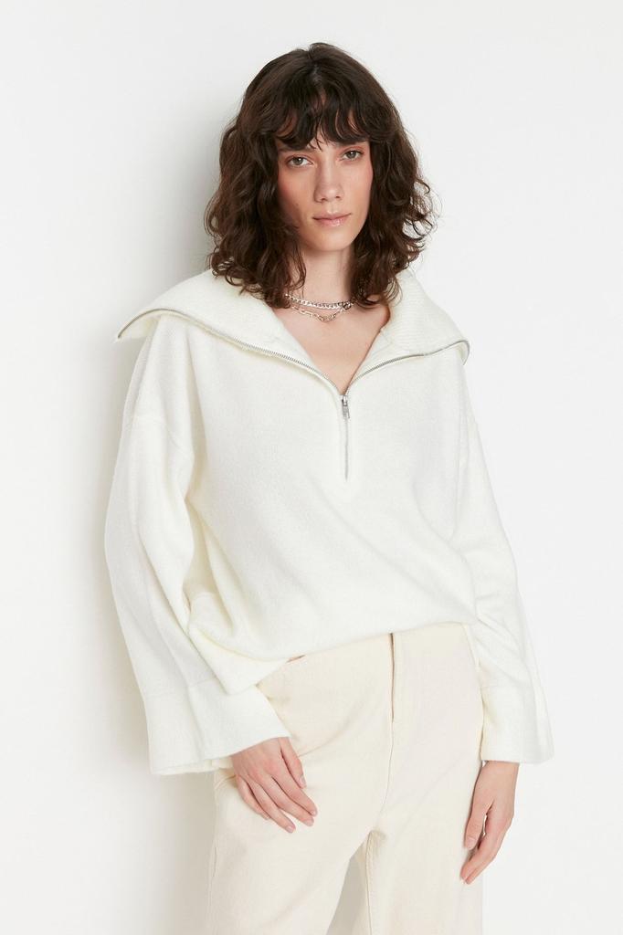 Women's Fashionable Stylish Sweater Stone Wide Fit Soft Textured Zippered Knitwear Sweater