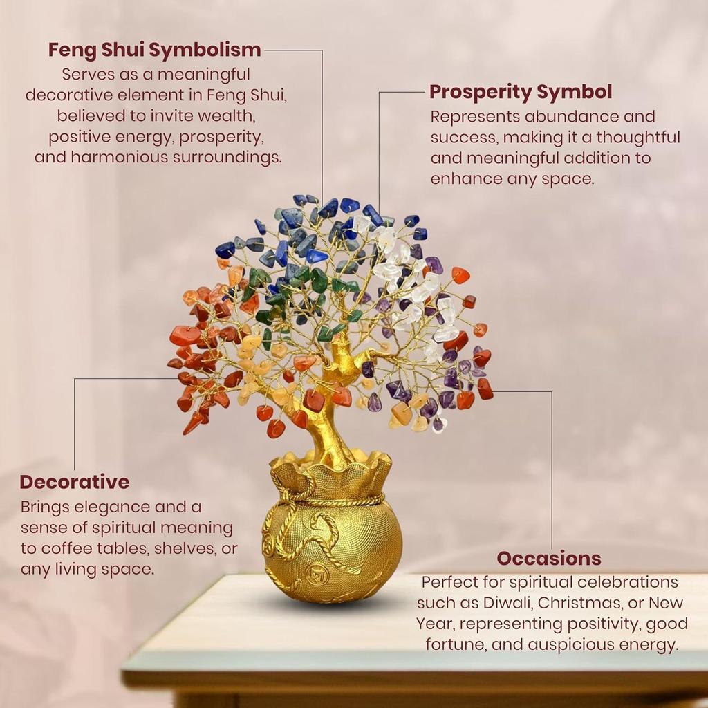 Shui 7 Chakra Crystal Tree with Golden Money Bag Base/Natural Gemstone Decorative Showpiece Bonsai Tree for Home & Office Décor