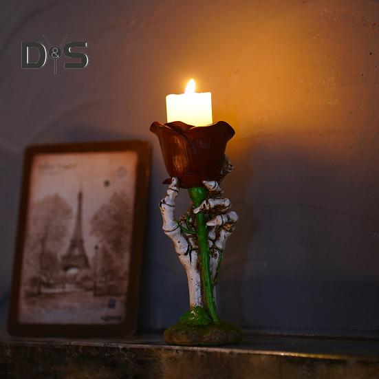 Skeleton Hand Rose Candle Holder Ghost Hand Holding Flower Resin Figurine Taper Pillar Candle Candlestick Table Centerpiece Decoration