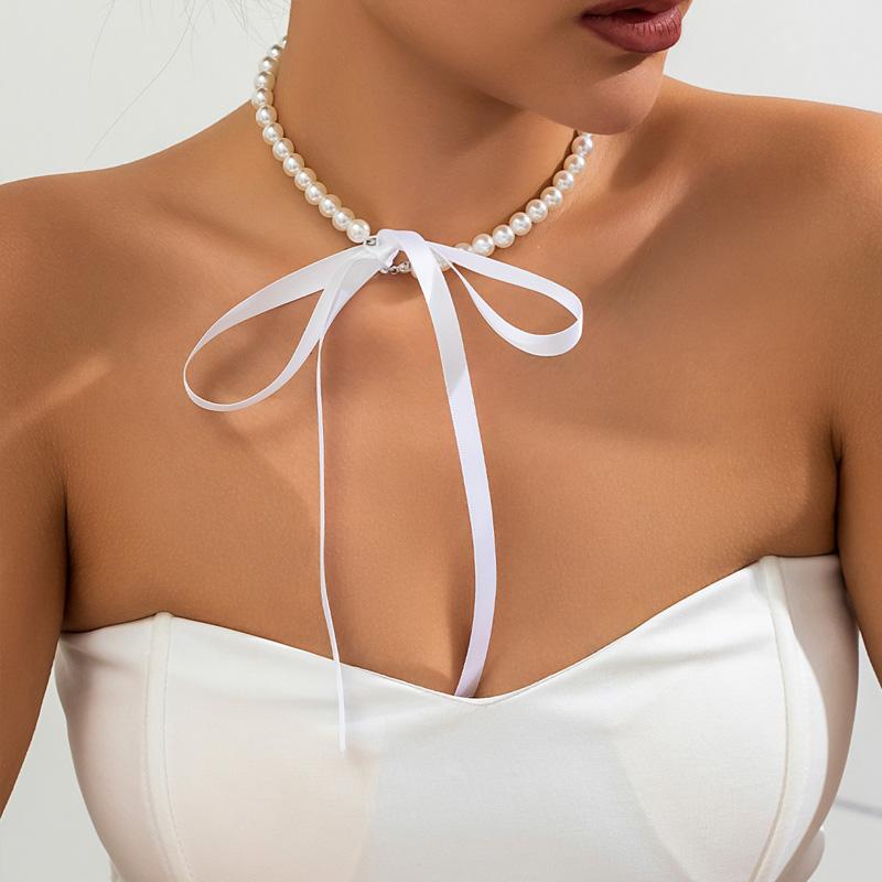 Women Ribbon Clavicle Chain Choker Imitation Elegant Y2K Bowknot Necklace Pearl Sweet Goth Black Accessories