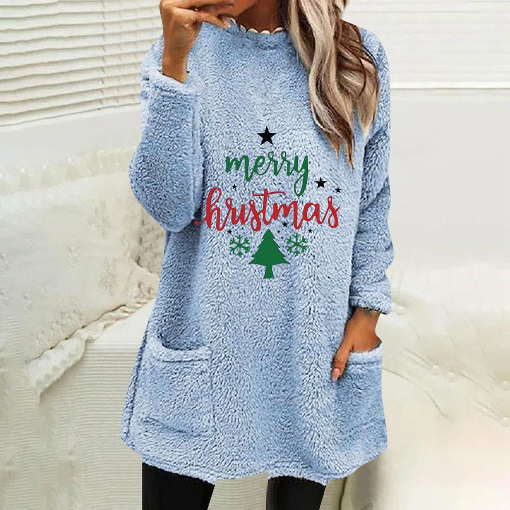 Green Christmas Print Plush Hoodie with Pockets - Women's Loose Fit, Round Neck, Long Sleeve (Autumn/Winter Collection)