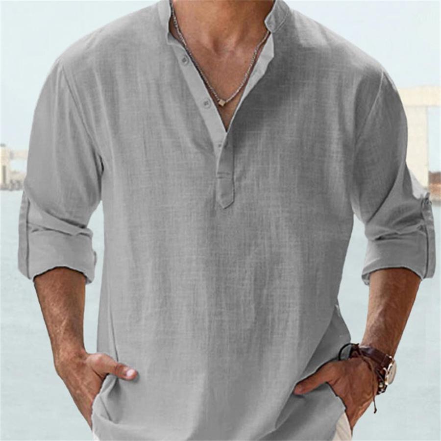 Мужская свободная однотонная льняная рубашка с длинным рукавом и воротником-стойкой, повседневные мужские белые, черные рубашки для мужчин, блузка