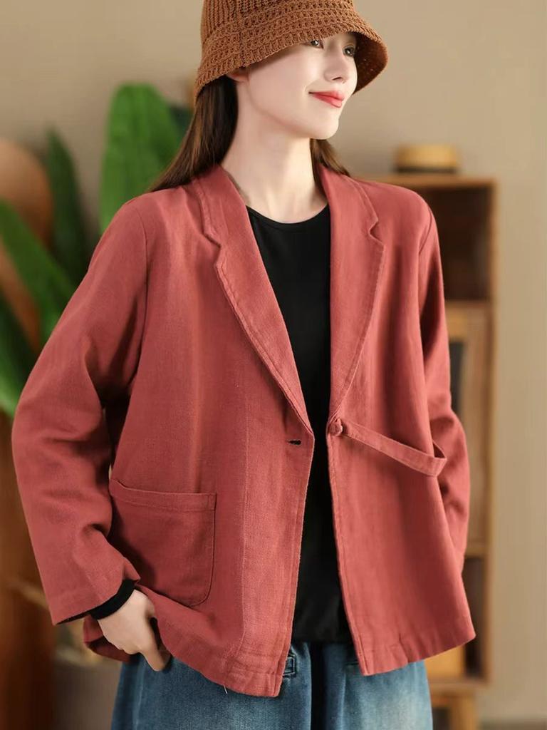 Johnature Woman Autumn Casual Solid Color Loose Long Sleeves Coat Splicing V-Neck Chinese Style Vintage Coat