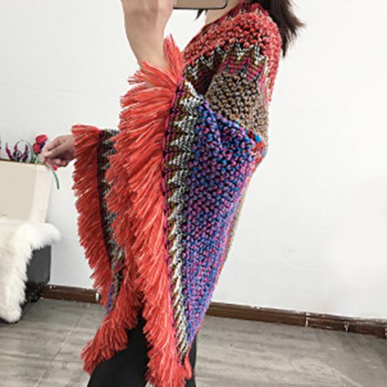Bohemian Autumn Knitted Coat Knitted Comfy Autumn Winter V Neck Colorful Irregular Hem Cloak Coat Sweater