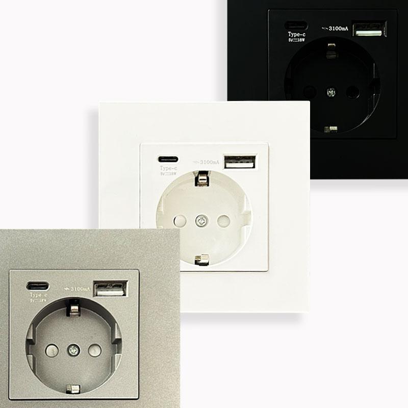 Стандарт ЕС, черная интеллектуальная USB-розетка для быстрой зарядки, тип C, 18 Вт, быстрая зарядка, электрическая розетка 220 В, вилка с USB 5 В 3,1 А